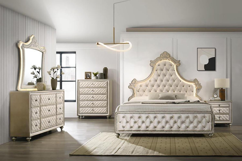 Acme Lucienne Velvet Upholstered Queen Bed with LED in Beige
