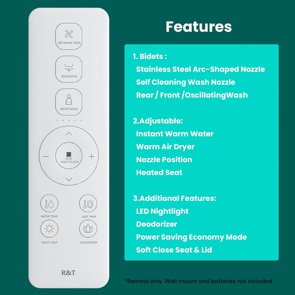 R&T Electric Bidet Seat for Small Round Toilet, Adjustable Warm Water, Air Dryer, Heated Seat, Night Light, Deodorization V305-2