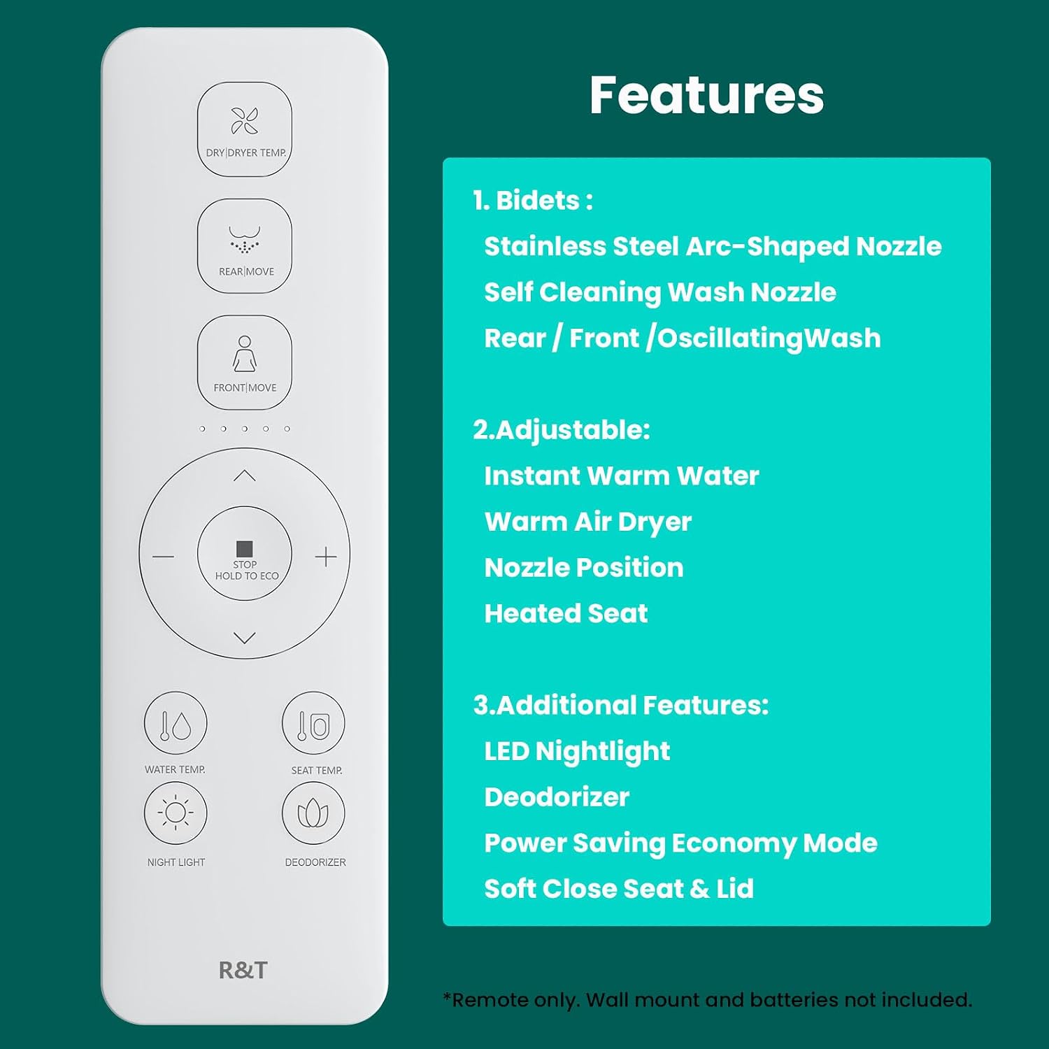 R&T Electric Bidet Seat for Small Round Toilet, Adjustable Warm Water, Air Dryer, Heated Seat, Night Light, Deodorization V305-2