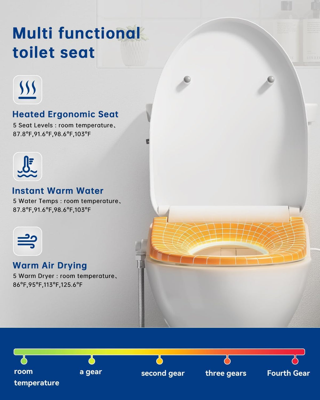 Heated Smart Toilet Seat with Feminine Wash & Dryer, Elongated Bidet with Adjustable Water Temperature, Pressure & Nozzle Position, Easy Installation & Soft-Close Lid for Modern Bathrooms