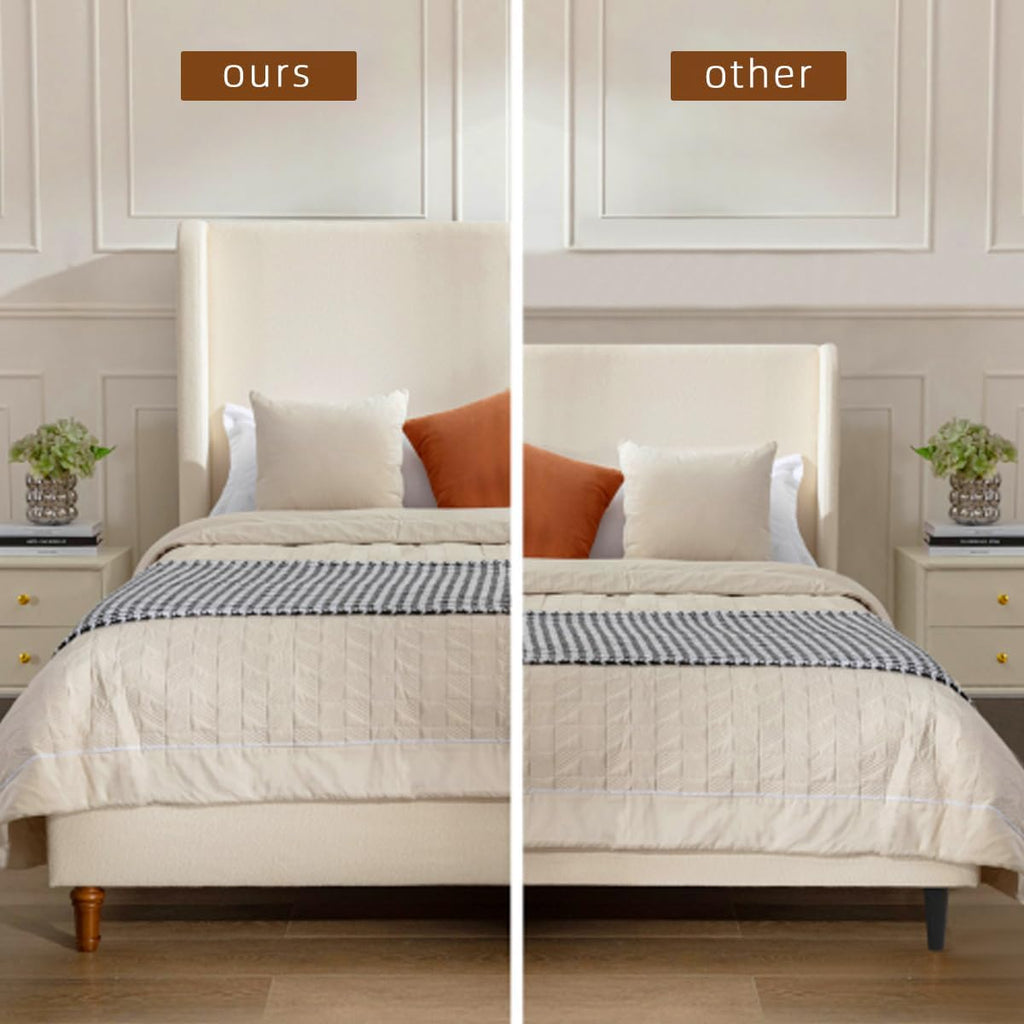 King Size Bed Frame With Headboard,54'High Headboard Boucle Upholstered Platform Bed,bedroom Furniture Sets No Springs Required,Metal Bed Frame With Wooden Slats for Strong Support,No Noise Free,Ivory