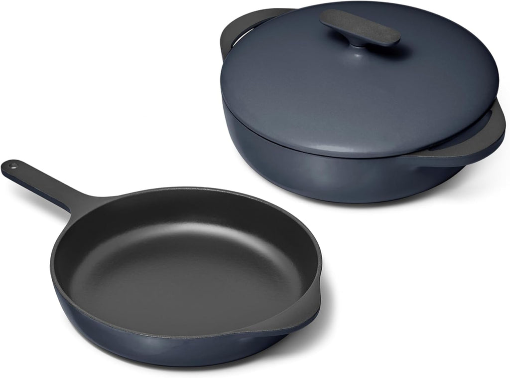 Caraway 10.5' Cast Iron Skillet and 3.5qt Braiser Pan Duo - 3 Layer Enamel Coating - No Seasoning Required - Compatible With All Stovetops - Oven Safe - Free From Forever Chemicals - Midnight Blue