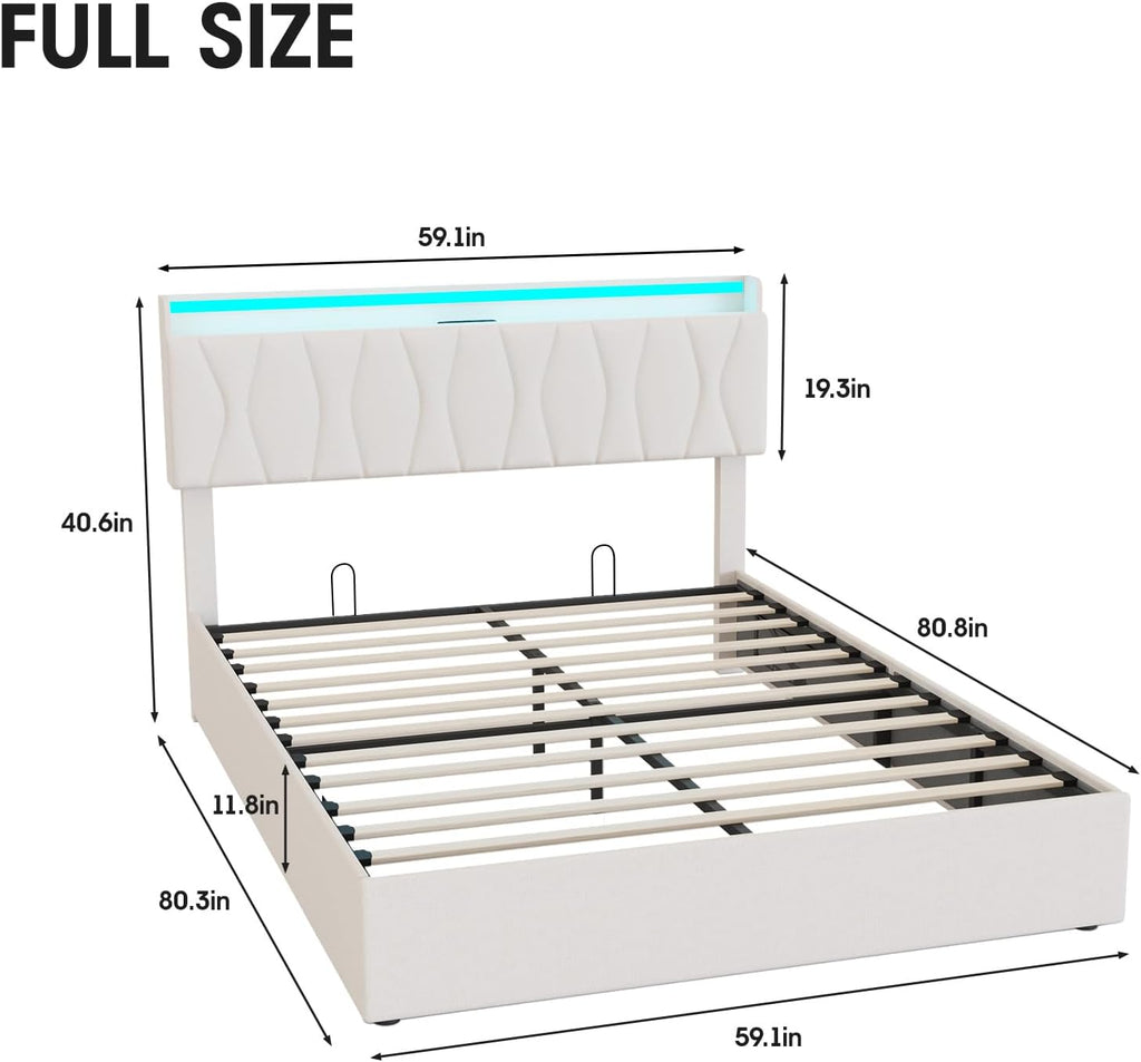 Fameill Full Size Lift Up Storage Bed Frame, Height Adjustable Storage Headboard with Charging Station, LED Lights Upholstered Platform Bed, Wooden Slat, No Box Spring Needed, Noise-Free, Beige