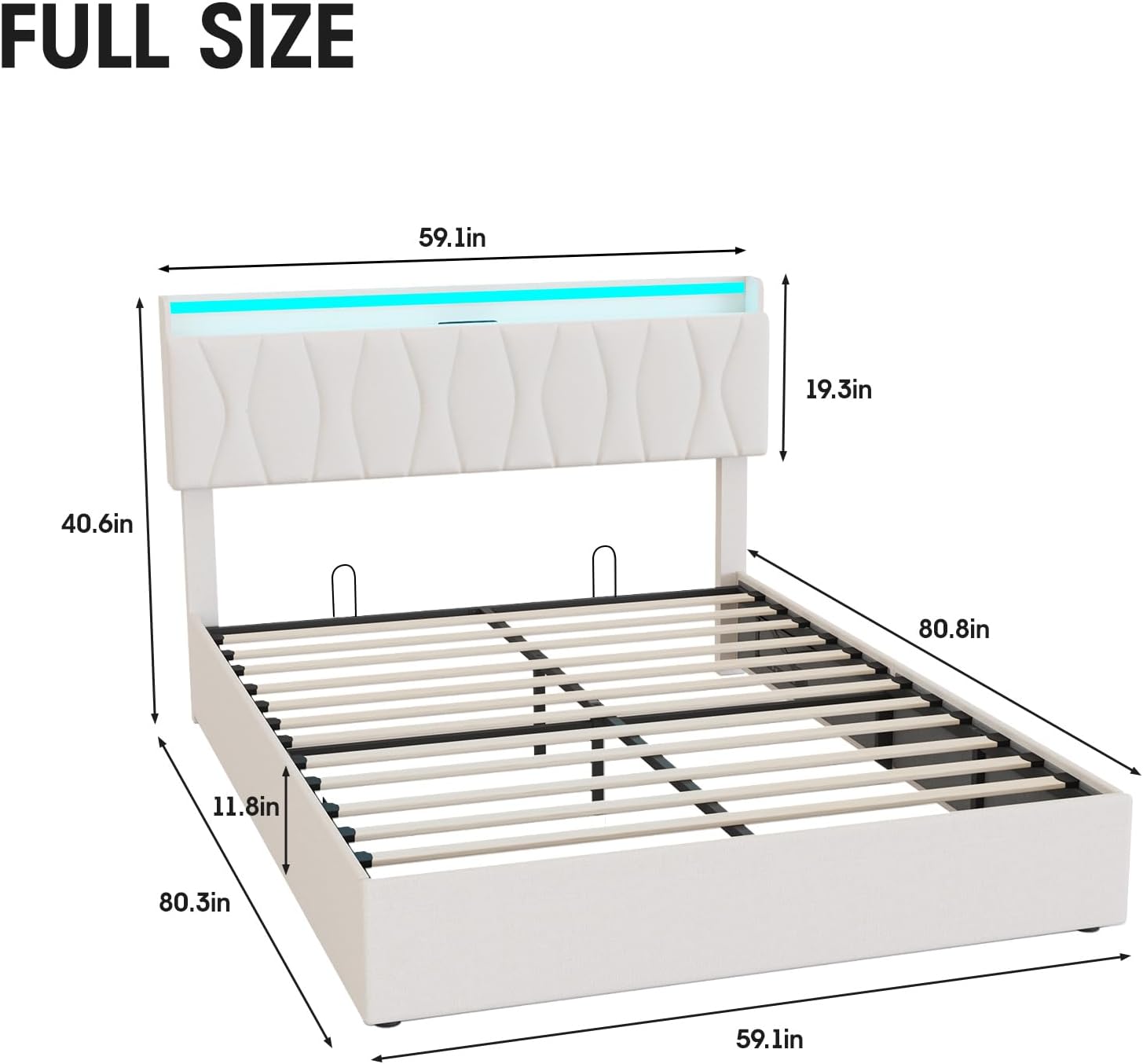 Fameill Full Size Lift Up Storage Bed Frame, Height Adjustable Storage Headboard with Charging Station, LED Lights Upholstered Platform Bed, Wooden Slat, No Box Spring Needed, Noise-Free, Beige
