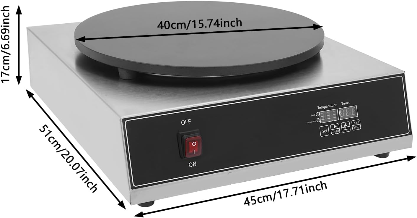 16'' Electric Crepe Maker, 1650W Commercial Stainless Steel Pancake Griddle, Non-Stick Crepe Machine with Adjustable Temperature & Timer