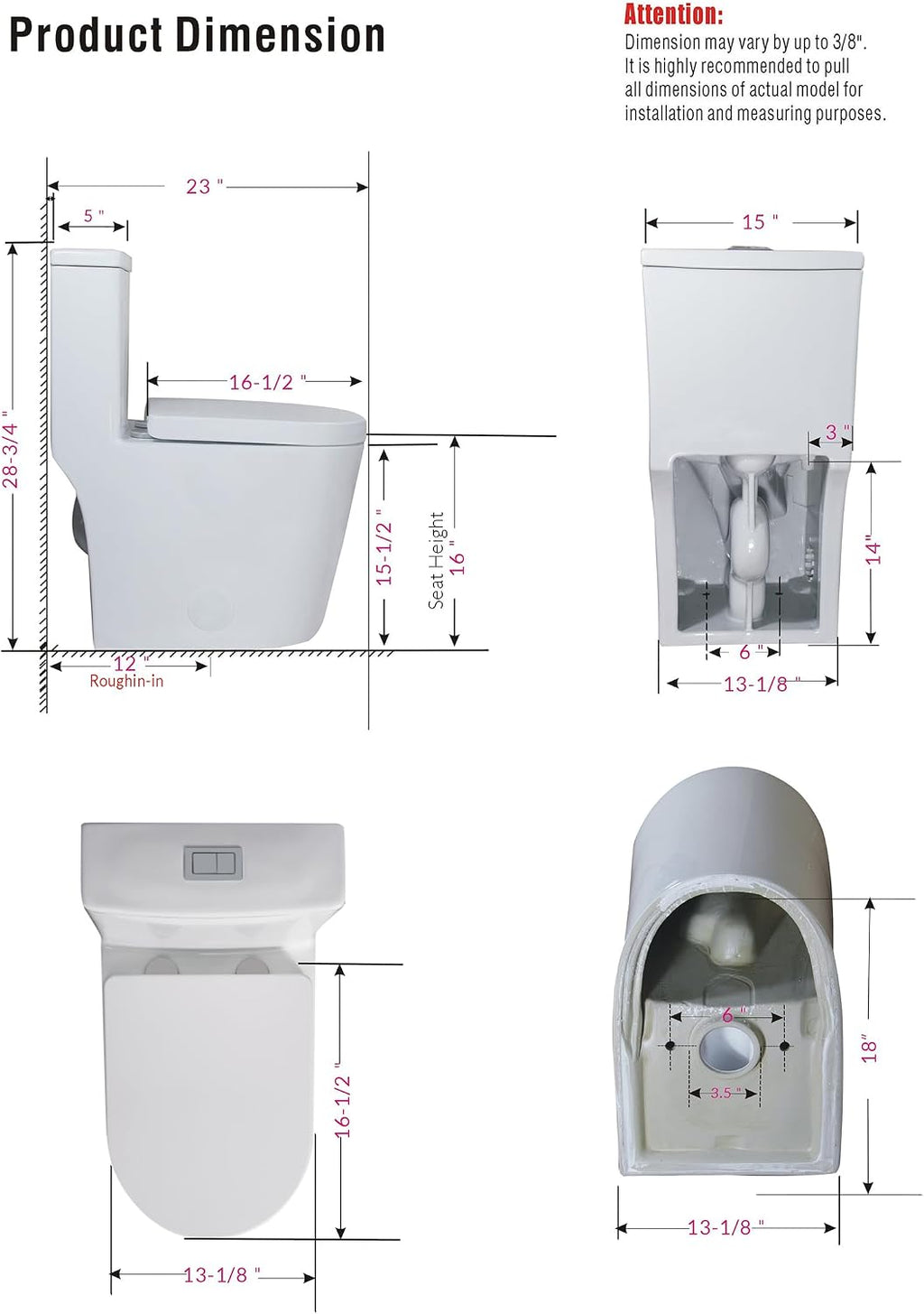 WinZo Small Toilet One Piece Deisgn With Black Push Button Dual Flush,23 inch Length for Tiny Bathroom,White with Black Button