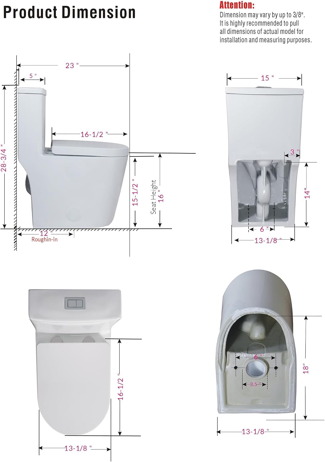 WinZo Small Toilet One Piece Deisgn With Black Push Button Dual Flush,23 inch Length for Tiny Bathroom,White with Black Button