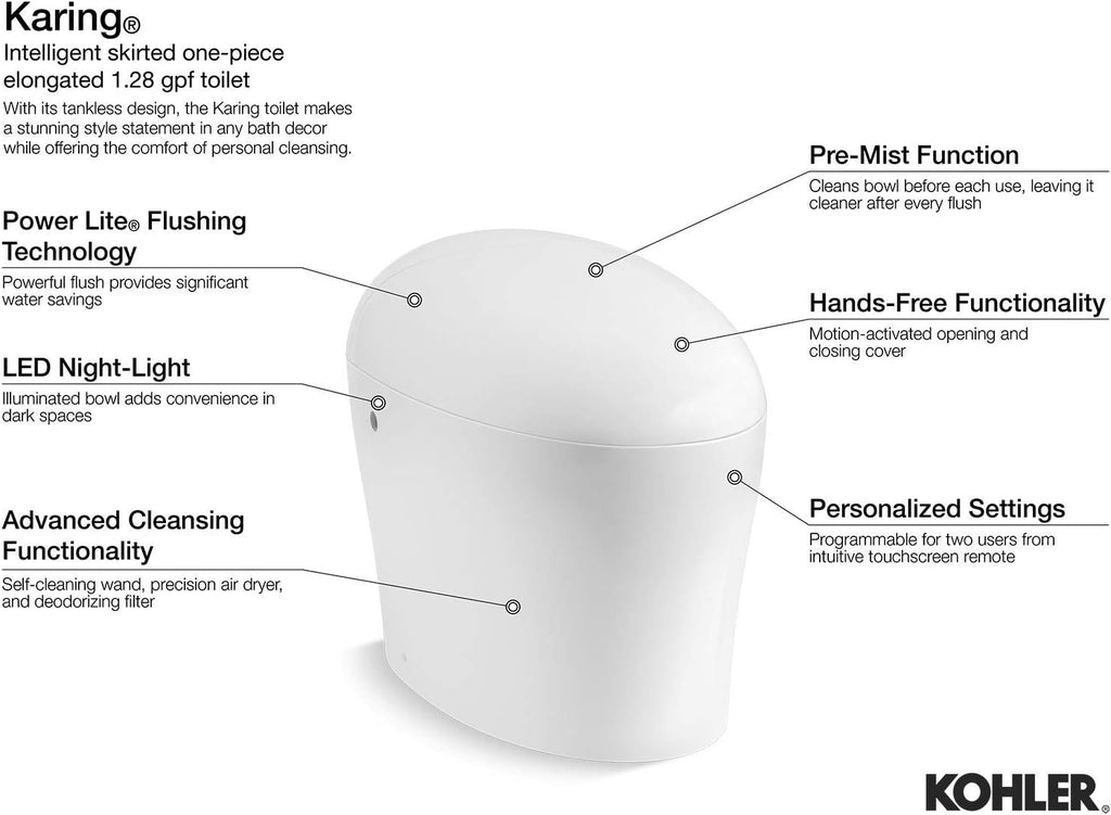 KOHLER 77780-0 Karing Smart Toilet with Bidet Built In, Auto Open & Close, One-Piece Elongated Smart Bidet Toilet with Heated Seat, 1.08 GPF, White