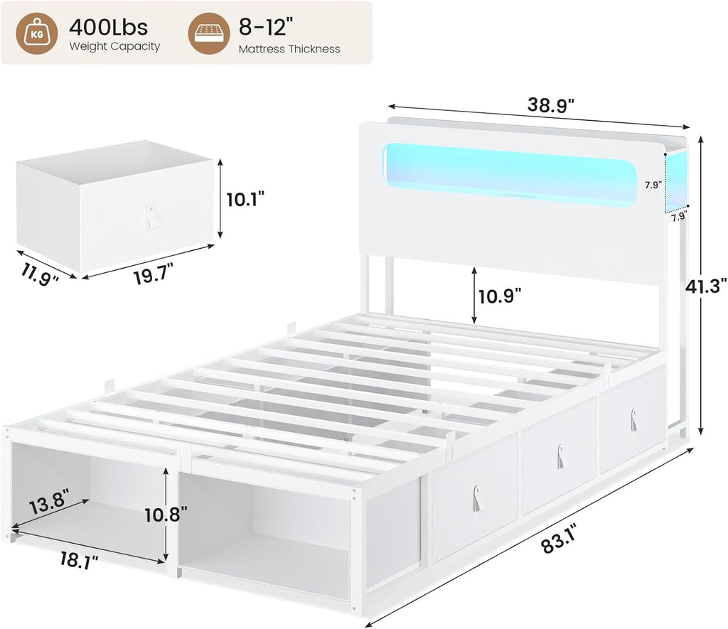 ADORNEVE Twin Bed Frame with 6 Storage Drawers & 2-Tier LED Headboard – Kids Girls Bed with Power Outlets & RGB Lights, 2 Footboard Cubbies– Space-Saving No Box Spring Needed, White