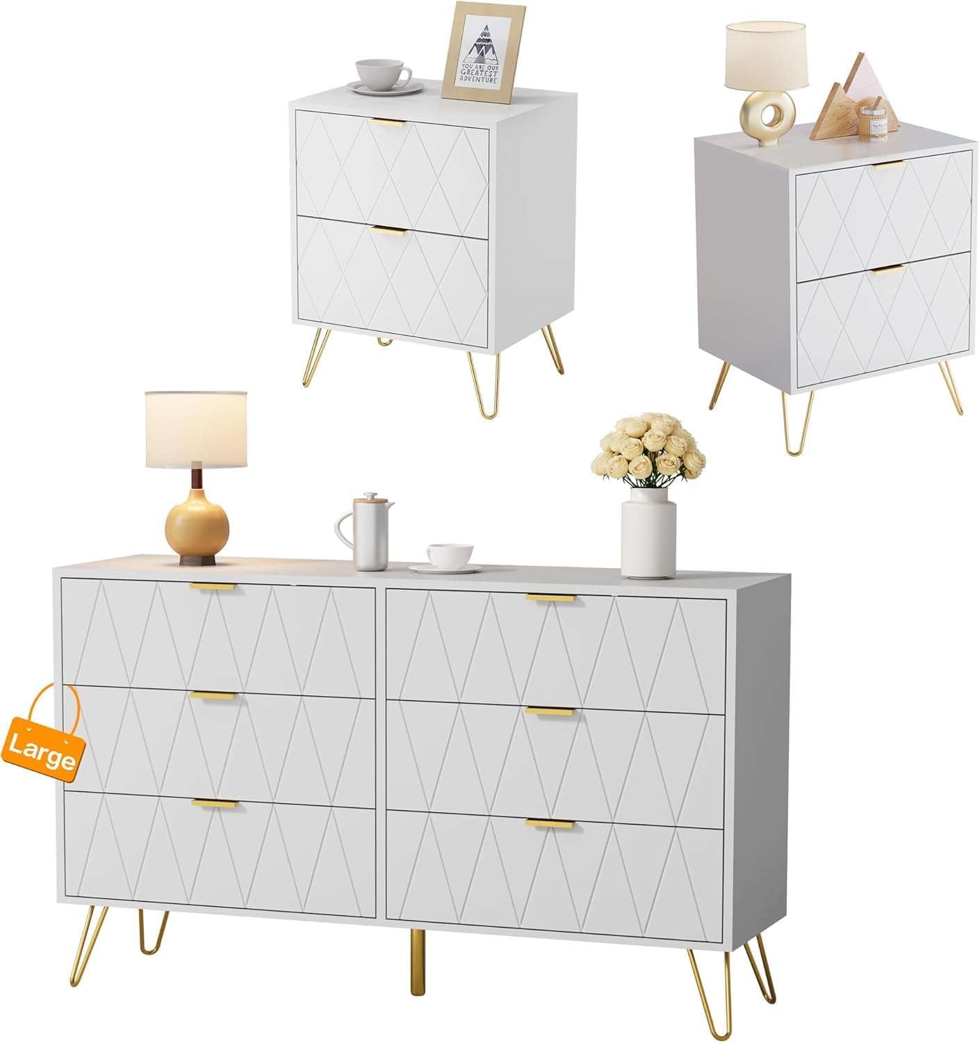 Anbuy Bedroom Sets White Sets 3 Piece, Night Stand Sets and 6 Drawer Dresser for Bedroom, Two Drawers Nightstand Set of 2 & 6 Drawer Dresser Combo 3 Pieces (White)