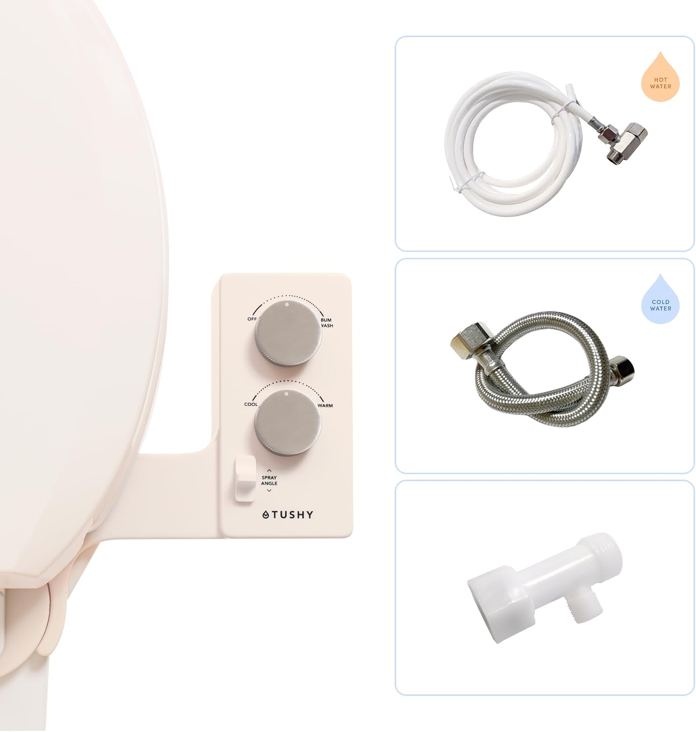 TUSHY Spa Self-Cleaning Warm Water Toilet Bidet Attachment. Adjustable Nozzle, Angle & Pressure. Easy DIY Home Install, Requires Sink Access for Optional Warm Water Control. (Biscuit/Brushed Nickel)