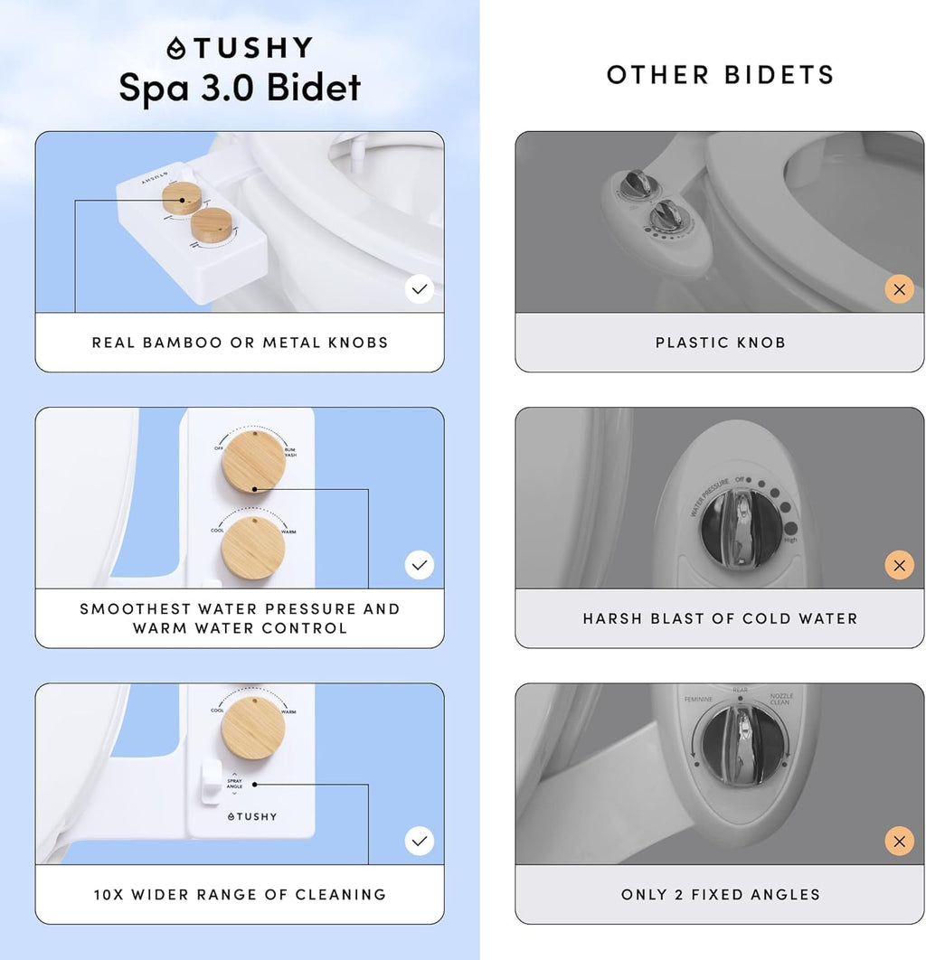 TUSHY Spa Self-Cleaning Warm Water Toilet Bidet Attachment. Adjustable Nozzle, Angle & Pressure. Easy DIY Home Install, Requires Sink Access for Optional Warm Water Control. (Biscuit/Brushed Nickel)