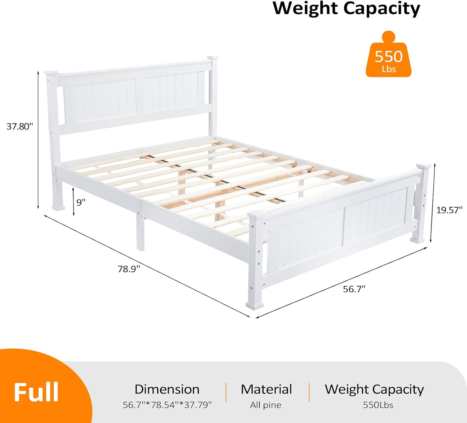 VINGLI Full Size Solid Wood Bed with Headboard, Sturdy & Durable Construction,Modern Minimalist Panel Platform Bed with Strong Support for Kids,Adults & Guests,Sleigh Bed,Crisp White