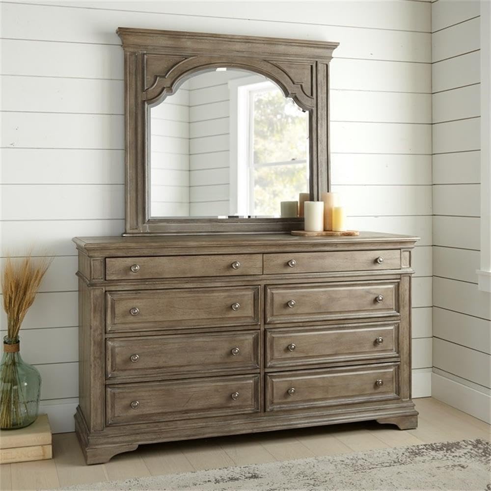 Pemberly Row Solid Wood Queen Panel Bed, Driftwood Gray Finish, Upholstered Button Tufted Headboard, Cream Fabric with Antique Brass Nail Trim, Elegant Vintage Bedroom Furniture 68' H x 67.5' W x 90'