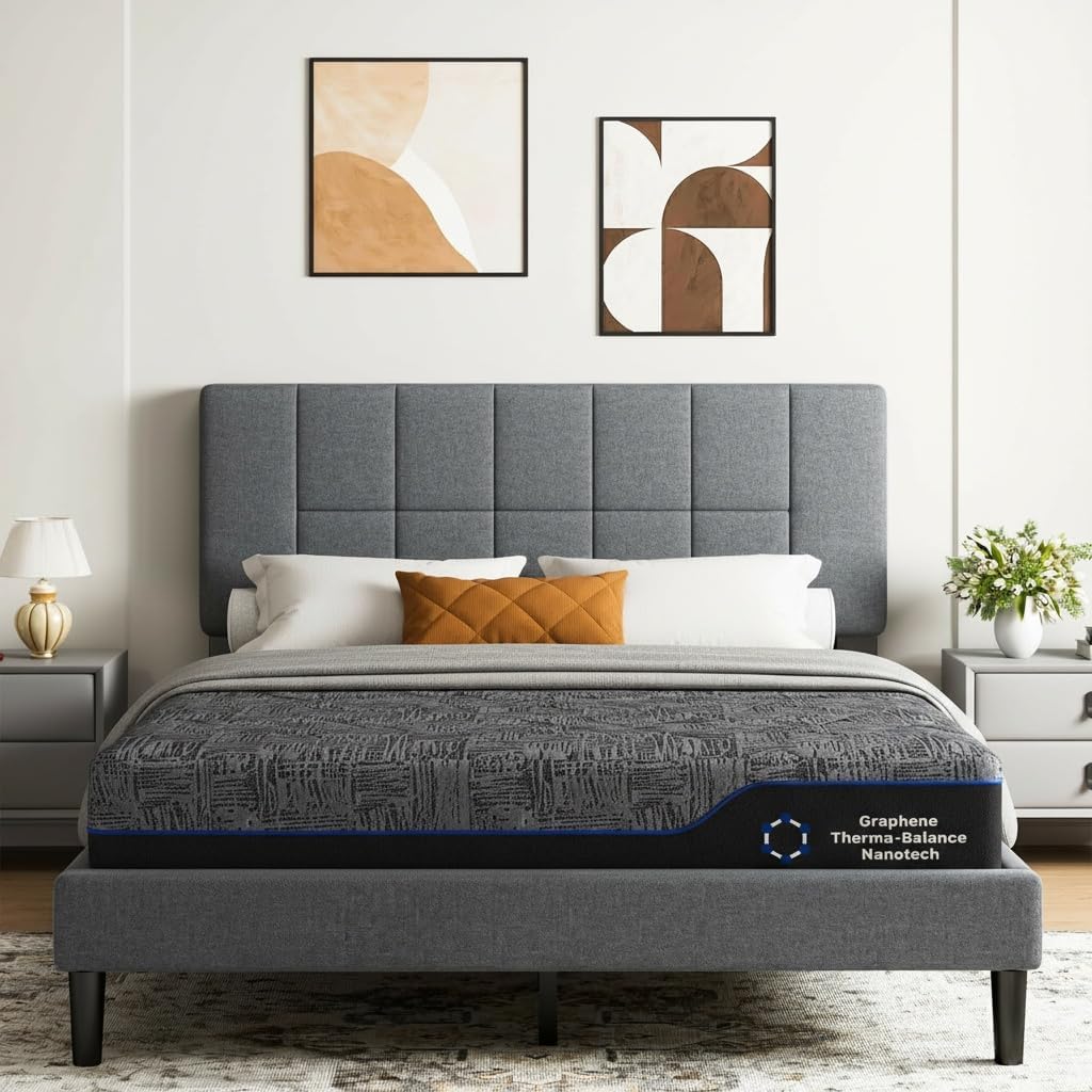 Marsail Twin Size Bed Frame and Mattress Set with Adjustable Upholstered Headboard and 10″ Memory Foam Mattress, Sturdy and Durable,12 Support Legs,with Graphene Fabric and Cooling Gel, Dark Gray