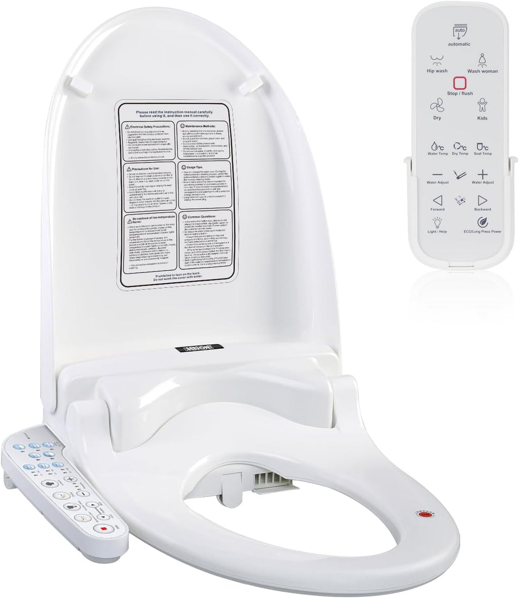 KERDE 08 Smart Electric Bidet Toilet Seat with Warm Air Dryer Heated Adjustable Warm Water Seat Temperature Self-Cleaning Nozzle Easy Installation for Most Toilets Elongated (Remote+Armrest)