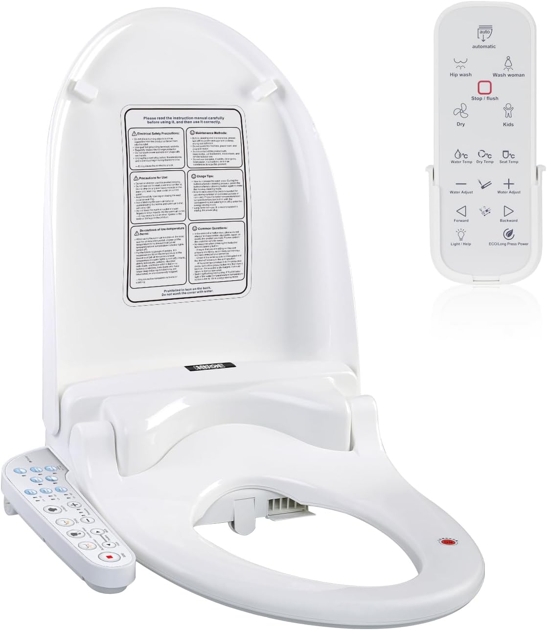 KERDE 08 Smart Electric Bidet Toilet Seat with Warm Air Dryer Heated Adjustable Warm Water Seat Temperature Self-Cleaning Nozzle Easy Installation for Most Toilets Elongated (Remote+Armrest)