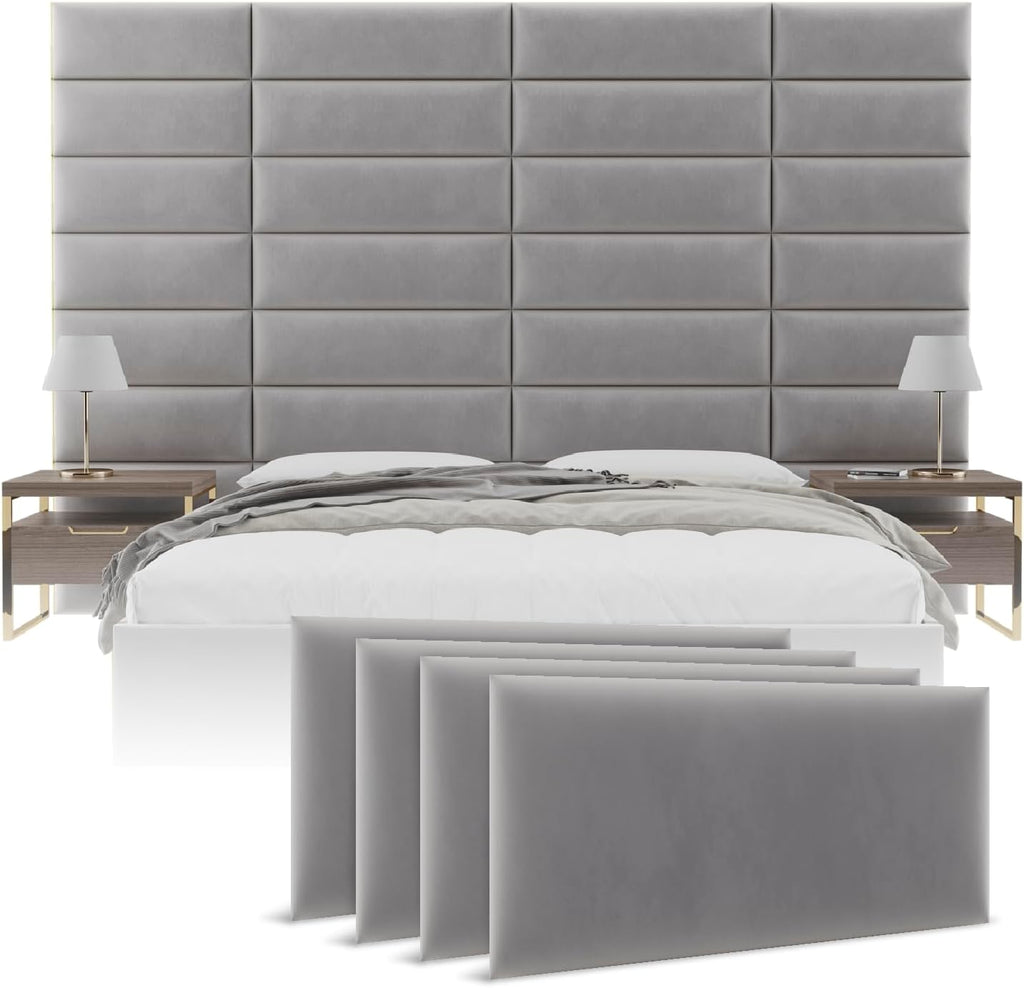 Vänt Upholstered Wall Panels - King/Cal King Size Wall Mounted Velvet Headboards - Velvet Platinum Grey - Twin/King - Set of 4 Panels (Each Individual Panel 39'x11.5')