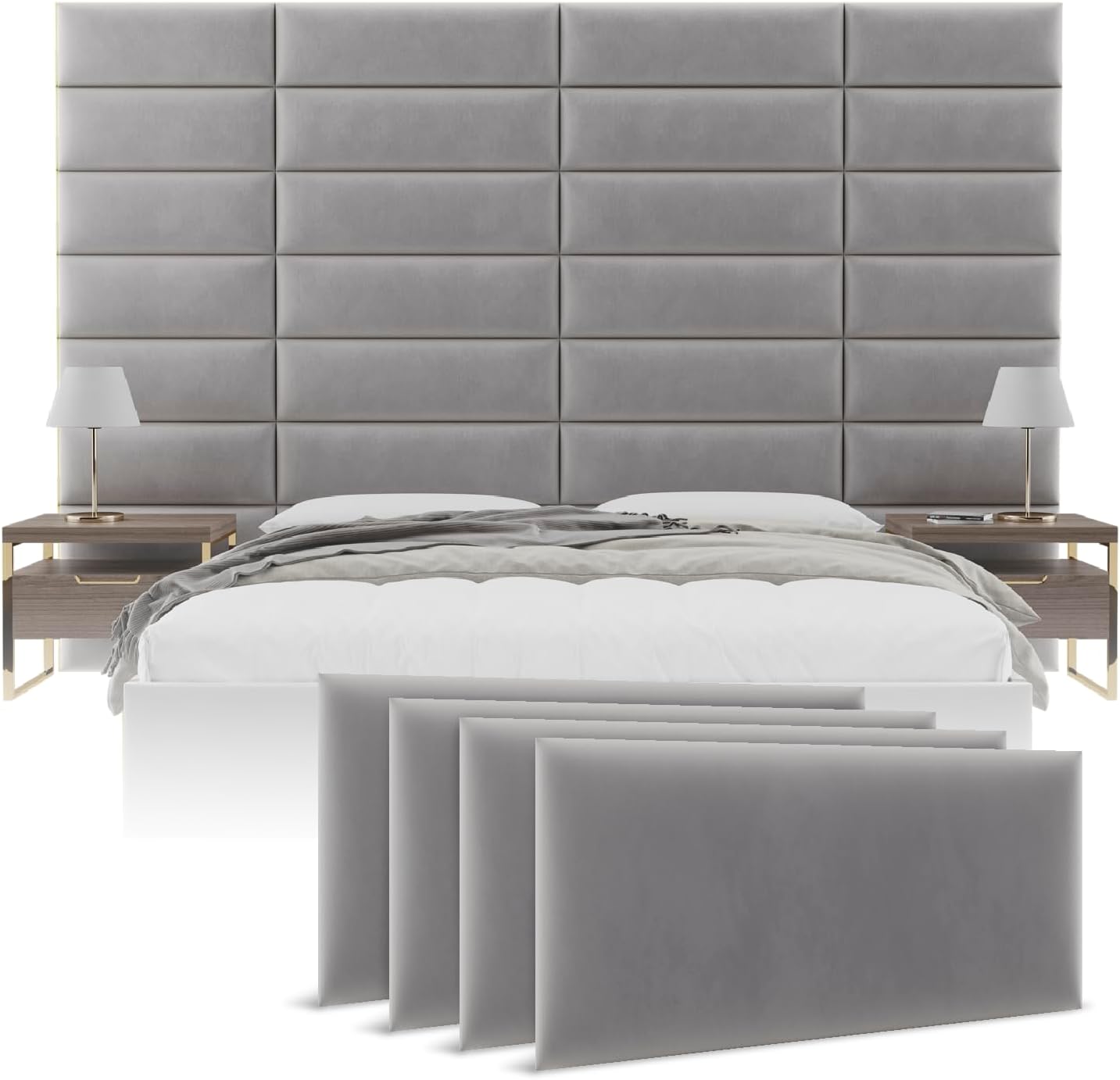Vänt Upholstered Wall Panels - Queen/Full Size Wall Mounted Velvet Headboards - Velvet Platinum Grey - Set of 4 Panels (Each Individual Panel 30'x11.5')