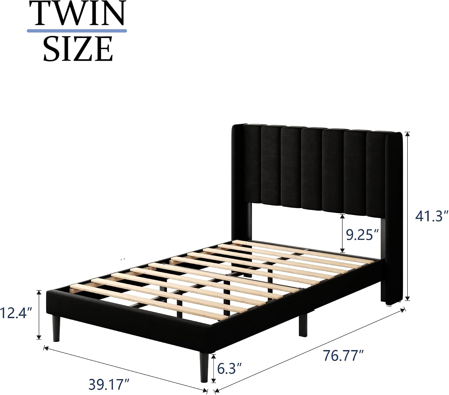 Gruwans Twin Size Bed Frame with Upholstered Wingback Headboard, Easy Assemnly Platform Bed, Wooden Slat Support No Box Spring Needed, Black