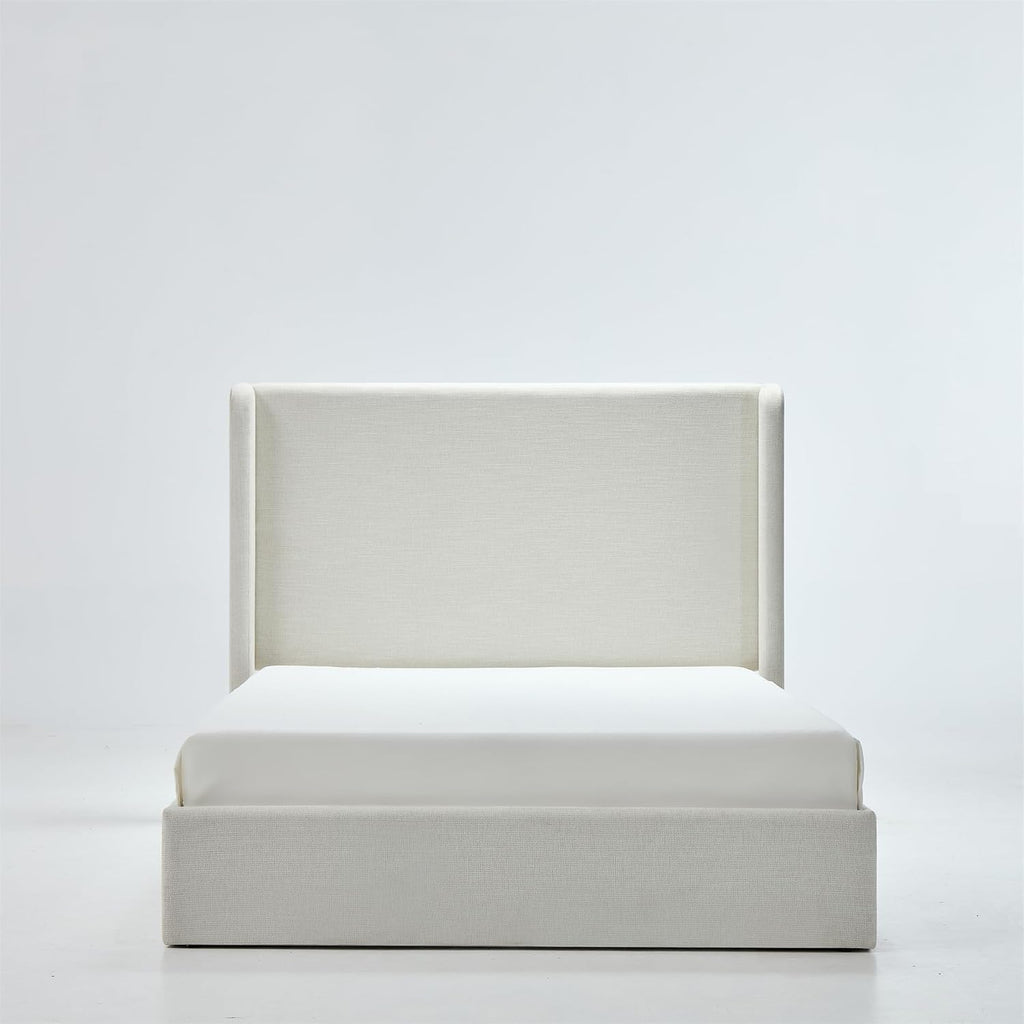 King Textured Canvas Chenille Bed Frame with 52.3' Tall Headboard - Ivory Carmen Wingback Upholstered Platform Bed Elegant Simplicity Bedroom Furniture Strong Wood Slats Support No Box Spring Needed