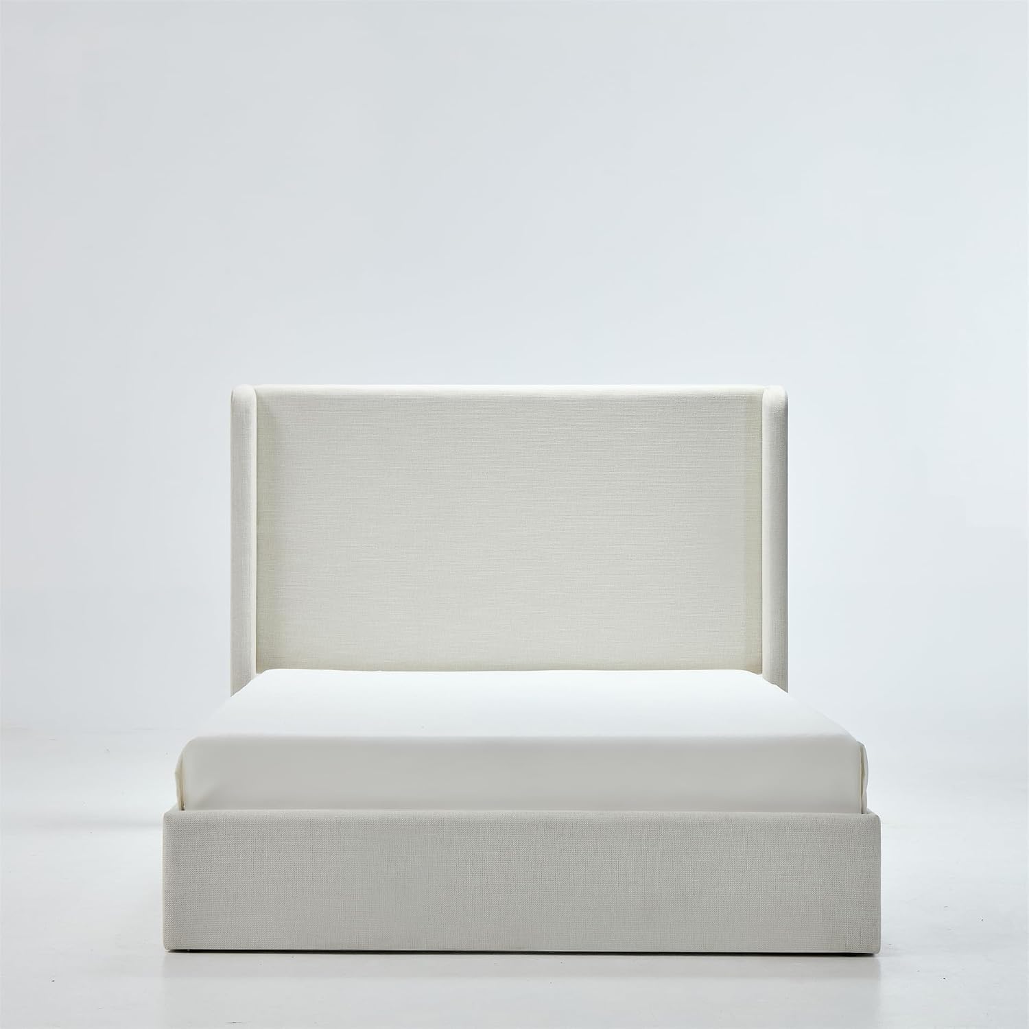 King Textured Canvas Chenille Bed Frame with 52.3' Tall Headboard - Ivory Carmen Wingback Upholstered Platform Bed Elegant Simplicity Bedroom Furniture Strong Wood Slats Support No Box Spring Needed