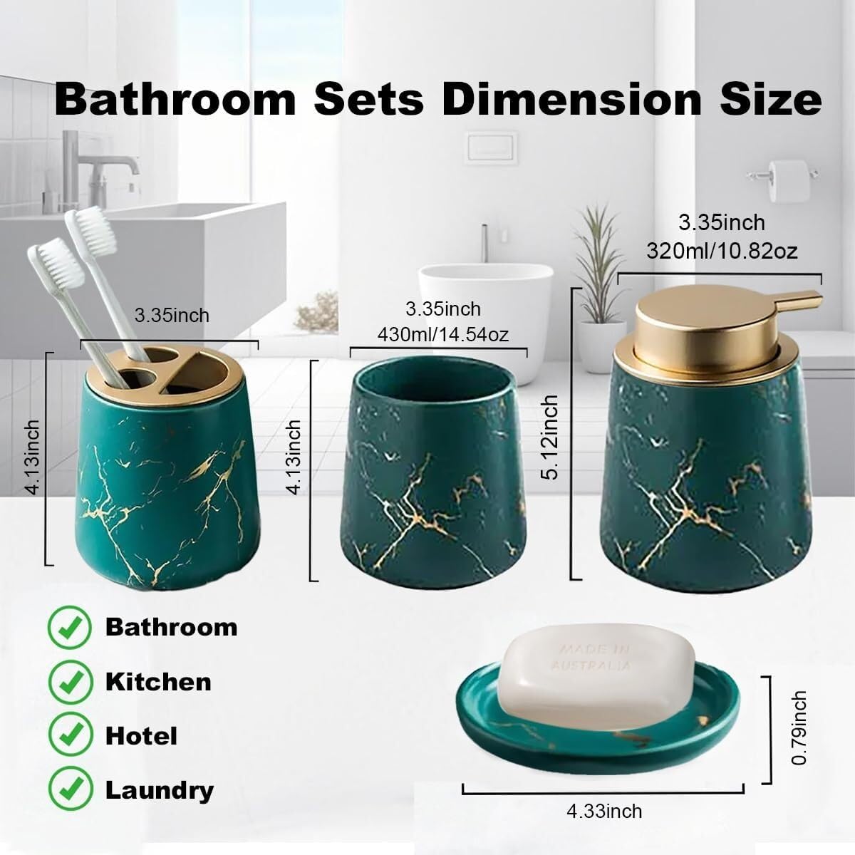 Bathroom Accessories Set Ceramic Bathroom Accessory Set Plant Patterns Accessories with Soap Dispenser Dish Tumbler for Home Decor Victorian(4 Piece Set-Green)