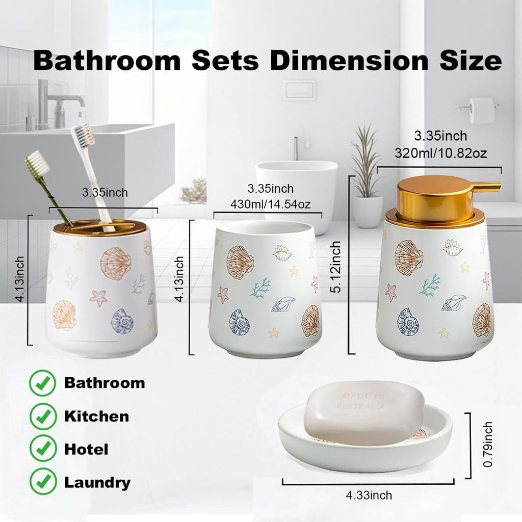 Bathroom Accessories Set Ceramic Bathroom Accessory Set Plant Patterns Accessories with Soap Dispenser Dish Tumbler for Home Decor Victorian(4 Piece Set-Ocean)