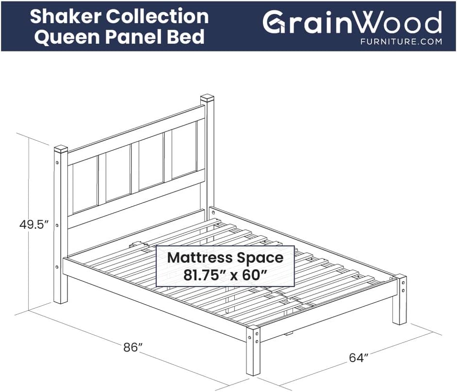 Grain Wood Furniture Shaker Solid Wood Panel Platform Bed, Queen Size, Walnut