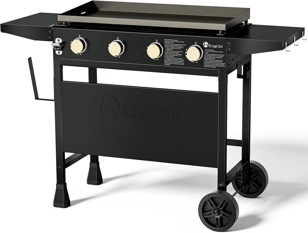 KingChii 32' 4-Burner Griddle with Counter Height Side Shelves, Powder Coated Steel, Black