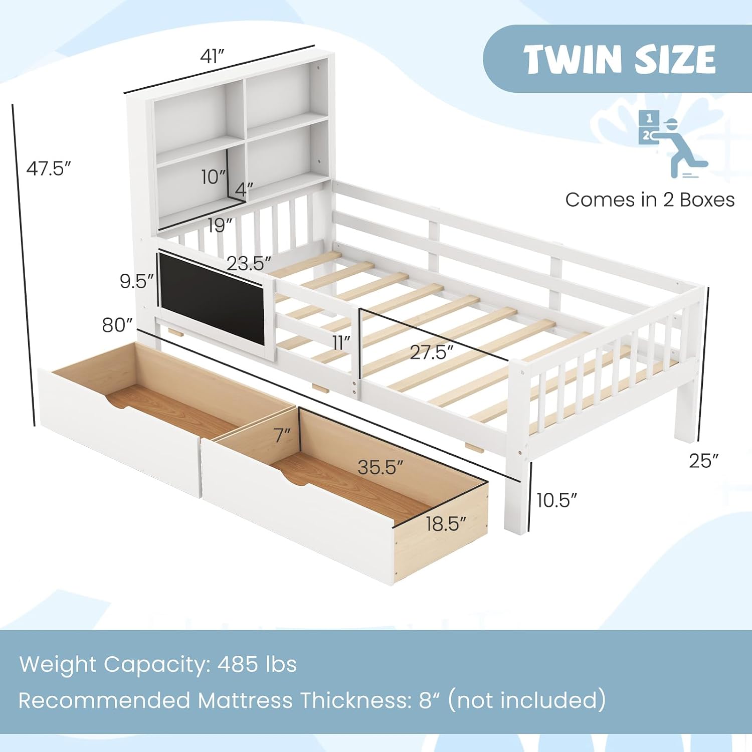 Giantex Twin Bed with 2 Storage Drawers, Solid Wood Kids Bed Frame w/Bookcase Headboard & Blackboard, Full-Length Guardrails & Wooden Slats Support, Twin Bed Frames for Kids Boys Girls, White