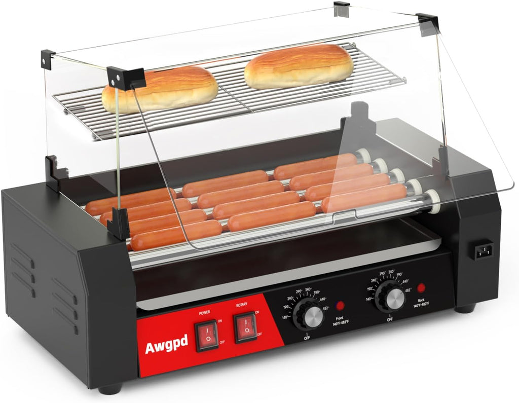 Hot Dog Roller Machine, Hot Dog Roller 5 Rollers 12 Hot Dogs Capacity, Hot Dog Roller with Glass Cover, Drip Tray, Dual Temperature Control for Commercial and Household Use (5 Rollers+Cover)
