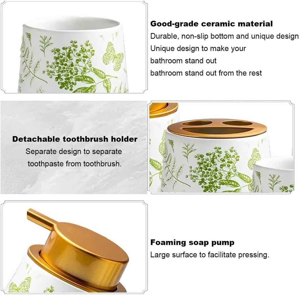 Bathroom Accessories Set Ceramic Bathroom Accessory Set Plant Patterns Accessories with Soap Dispenser Dish Tumbler for Home Decor Victorian(4 Piece Set-Greenery)