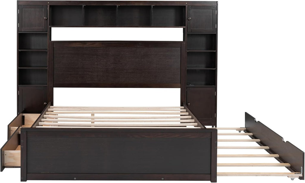 Queen Storage Bed with Bookcase Headboard, Queen Size Platform Bed with Trundle and 2 Storage Drawers, Solid Wood Queen Size Bed Frame with Cabinet and Shelf, No Box Spring Needed (Espresso)