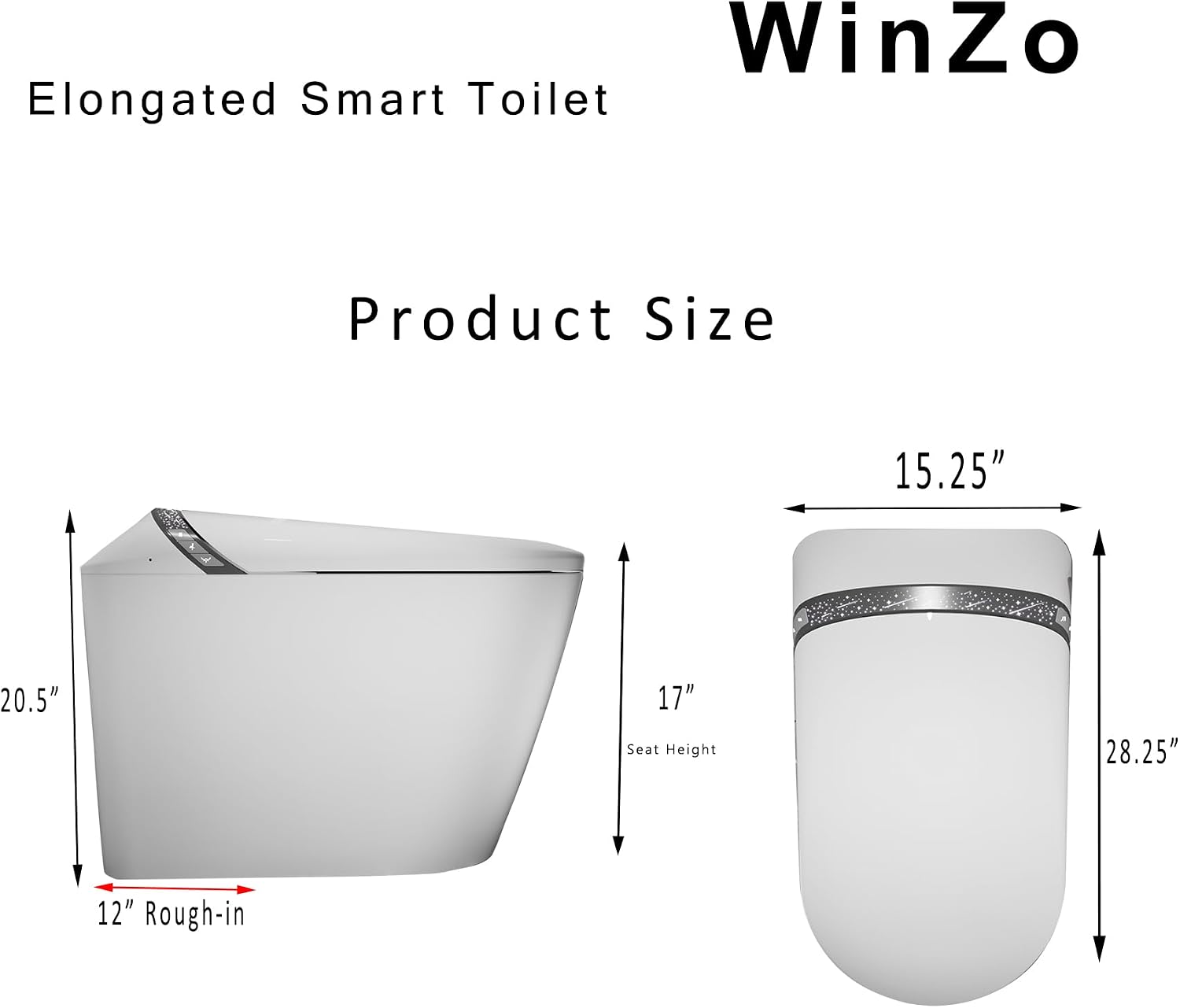 WinZo Luxury Smart Toilet with Elongated Heated Bidet Seat, Auto Flush, LED Display, Multiple Wash Modes with Starry Night Light Warm Comfort with ADA Height,White