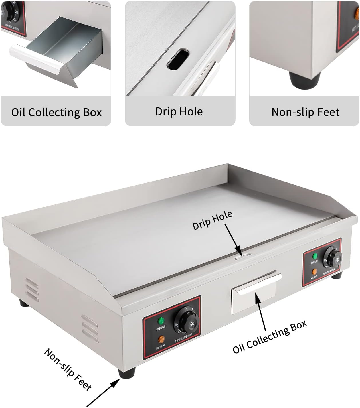 Electric Flat Top Grill Indoor & Outdoor 3000W Commercial Countertop Griddle 28.7'x15.7' Stainless Steel Flat Top Teppanyaki Grill with Dual Independent Thermostatic Control(NO PLUG)