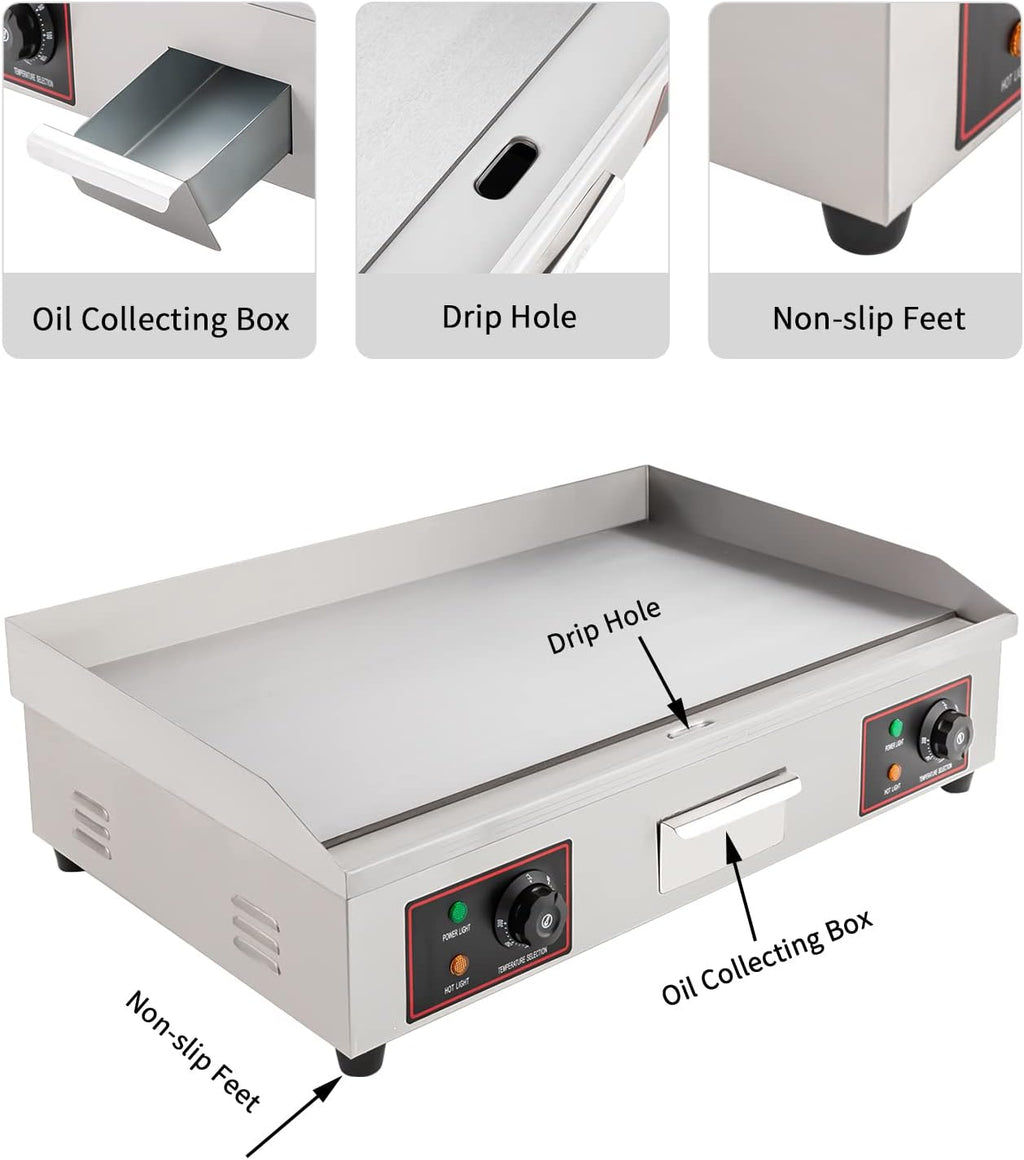 Electric Indoor Grill Countertop Flat Top Steak Oven Griddle Food Stainless Steel Commercial Kitchen with Adjustable Temperature for Camping, Camp, Outdoor, Tabletop Control Hot Plate 110V