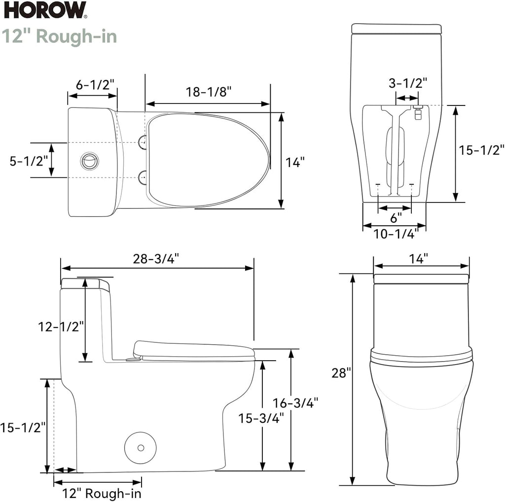 HOROW HR-ST076WD Dual Flush Elongated Toilet with Soft Close Seat, High-Efficiency Supply, Standard Bathroom Toilet 12' Rough-In, White Finish