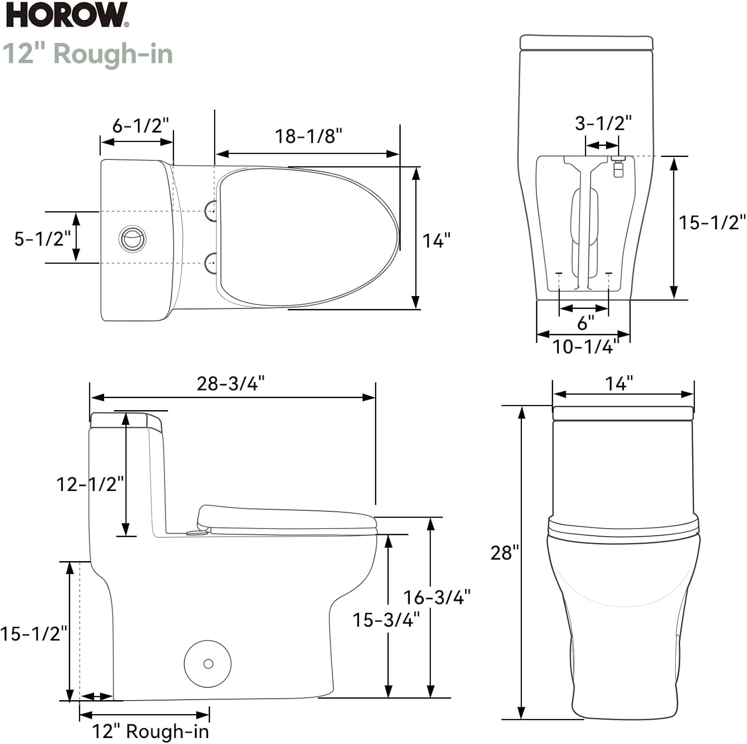 HOROW HR-ST076WD Dual Flush Elongated Toilet with Soft Close Seat, High-Efficiency Supply, Standard Bathroom Toilet 12' Rough-In, White Finish