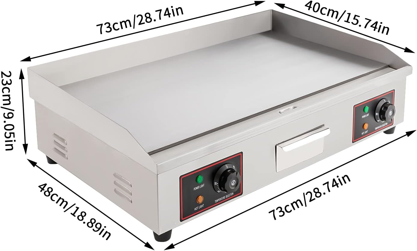 3000W Commercial Electric Griddle, 110V 60Hz Electric Countertop Flat Top Griddle Grill BBQ Teppanyaki Cooking Griddle for Processing Steak, Meat 122°F-572°F 28.7 x 18.9 x 9.06 Inch