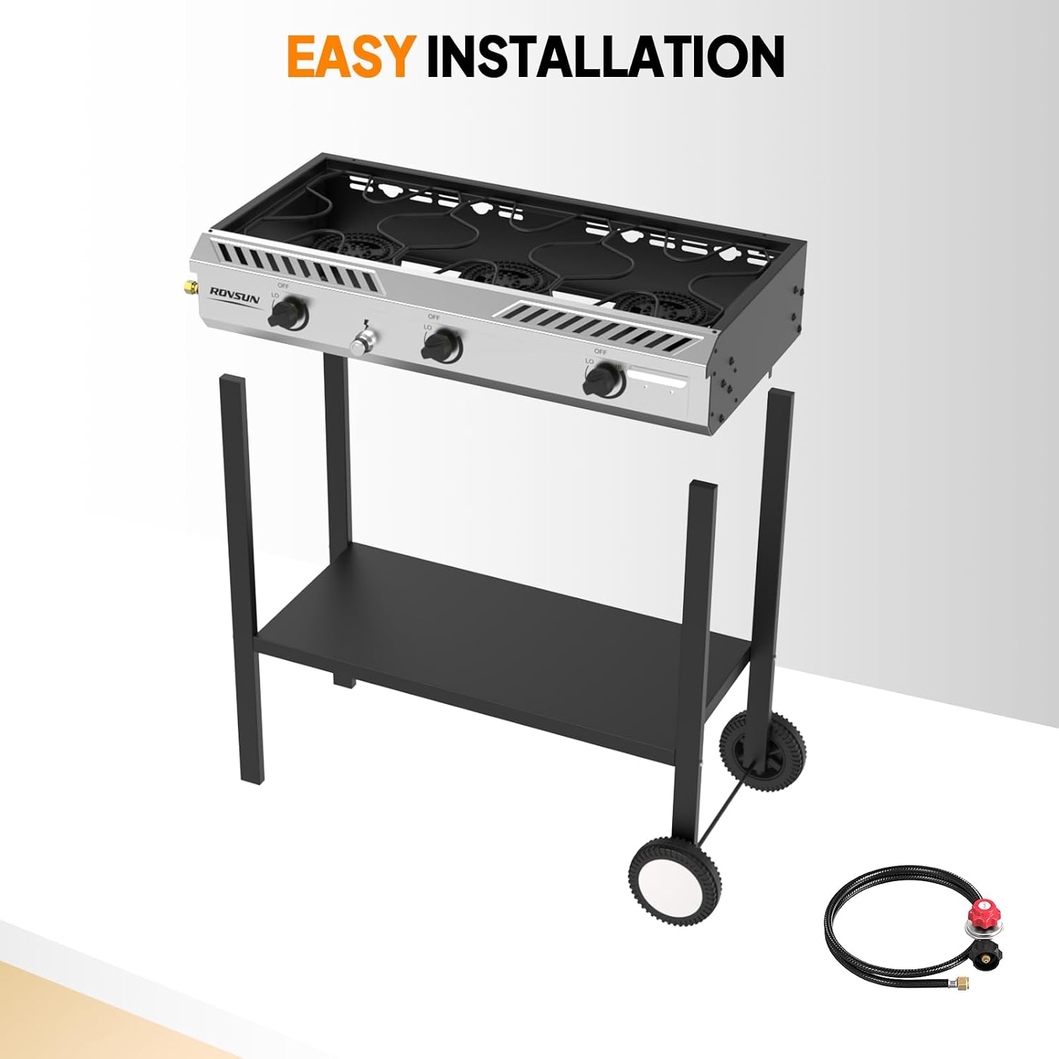 ROVSUN 3 Burner Propane Stove with Auto Ignition, 225,000 BTU Gas Stove with Storage Shelf, Rolling Wheels & Regulator for Home Outdoor Backyard Camping Cooking Frying Brewing Canning