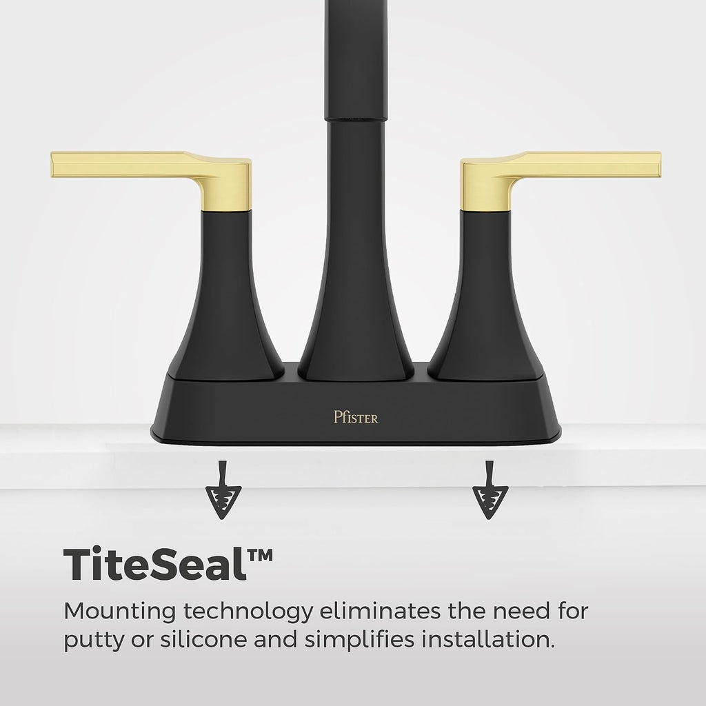 Pfister Vaneri Bathroom Sink Faucet 4 inch Centerset 2 Handle 3 Hole Matte Black and Brushed Gold Finish NSF Certified Water Efficient Push Seal Drain LF048VRIBBG