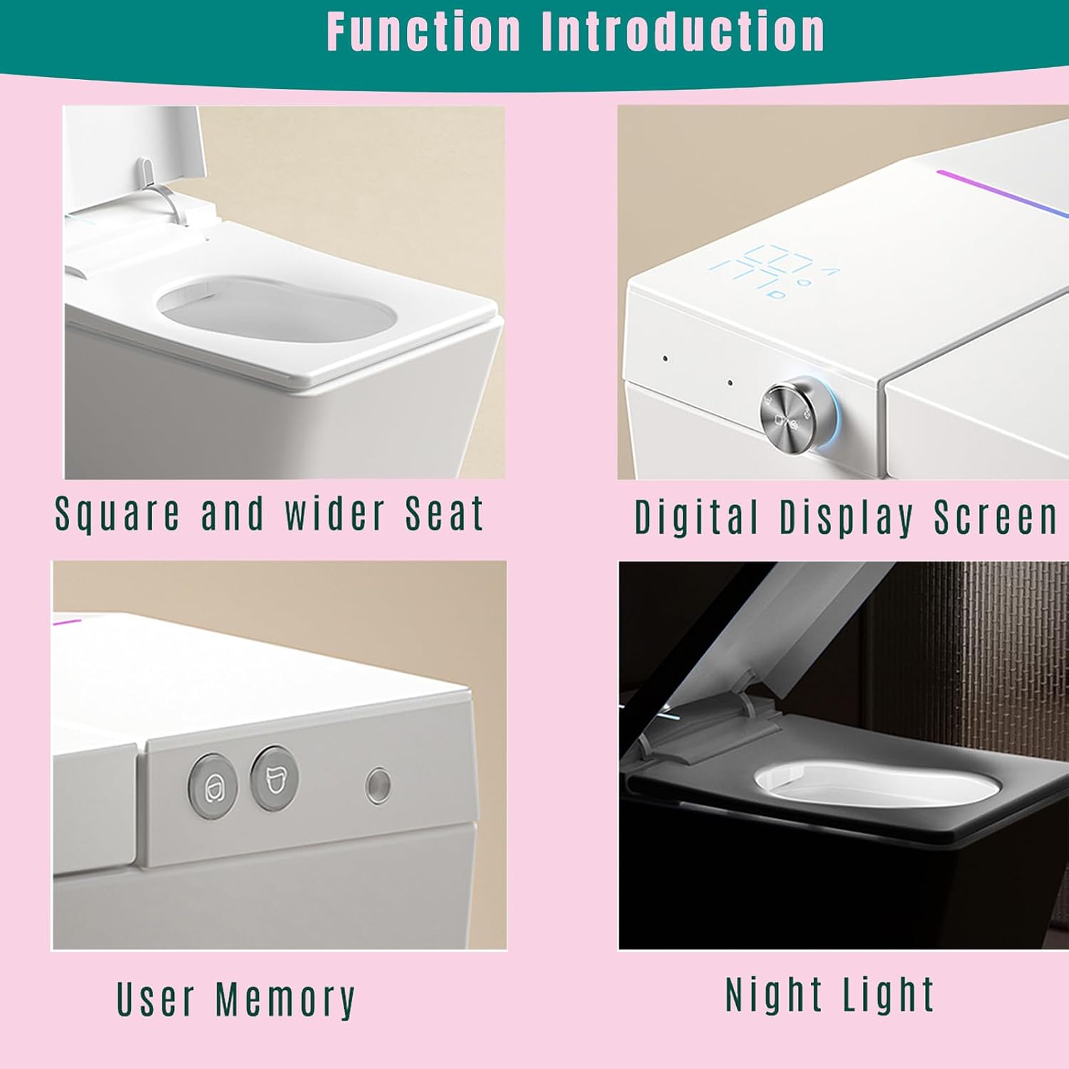 Square Smart Bidet Toilet with Built-In Tank for Bathroom, Remote Control, Foot Touching Lid Opening, Auto Flush, Heated Seat, LED Digital Display, User Memory, White