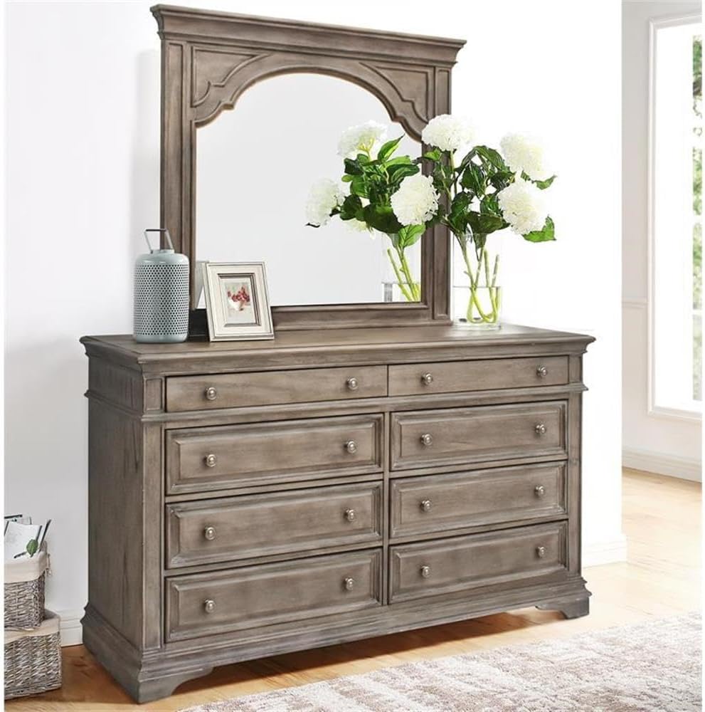 Pemberly Row King Panel Bed, Driftwood Gray Wood Frame, Upholstered Button Tufted Cream Fabric Headboard, Distressed Finish, Hardwood Solids and Veneers, Classic Bedroom Furniture, Requires Box Spring