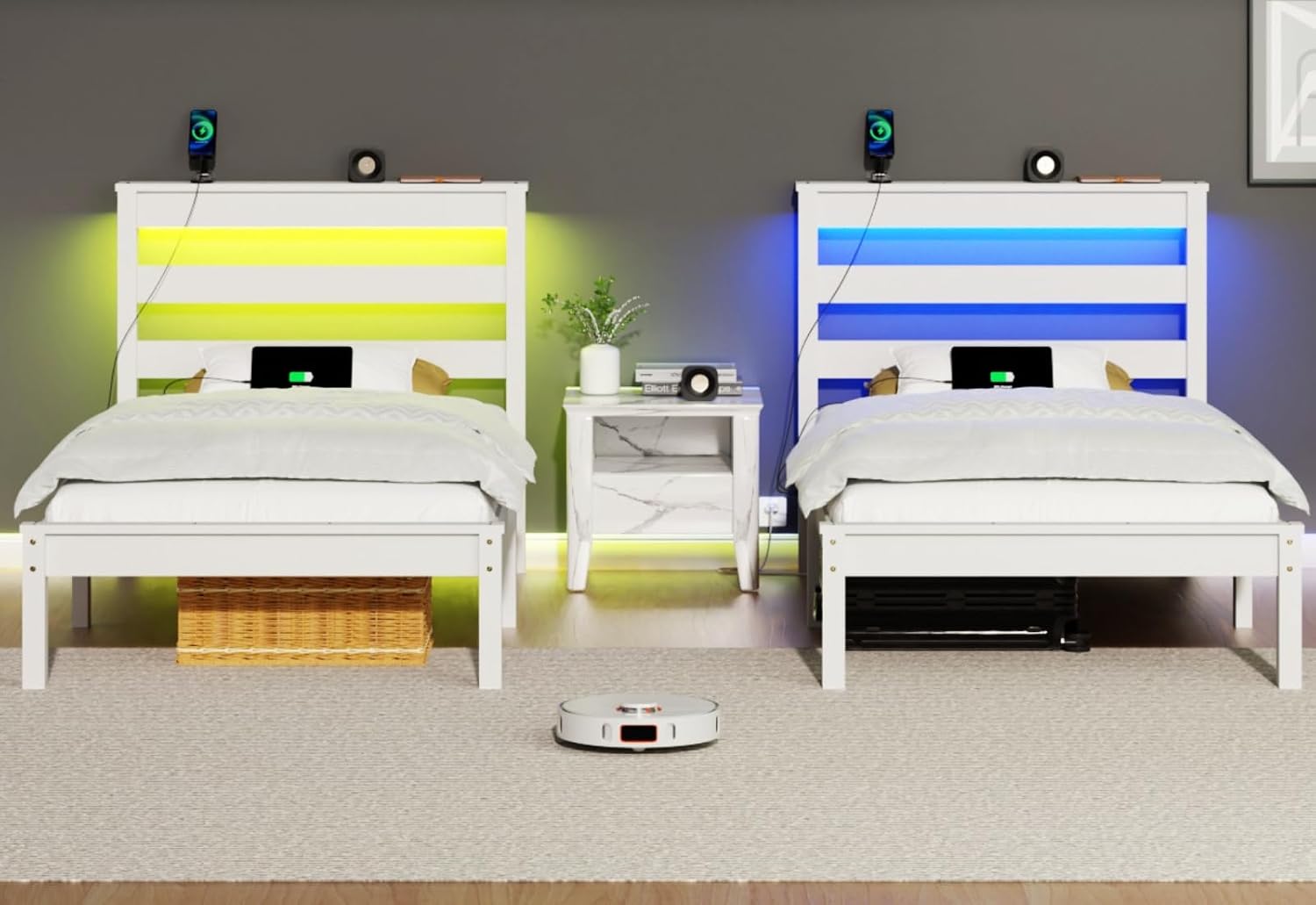 VINGLI LED Twin Bed Frame Set of 2 Solid Wood Platform Single Bed with Headboard Shelf USB Charging Station,Panel Bed, Wood Slat Support Mattress Foundation, White