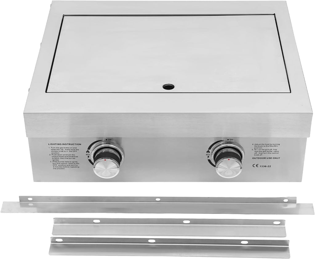 2-Burner Stove for Outdoor Kitchen, Built-in Stainless Steel Side Burner with Removable Grates & Cover, Gas Stove for BBQ Island, Patio, Backyard (Liquid Propane, Double Burner)