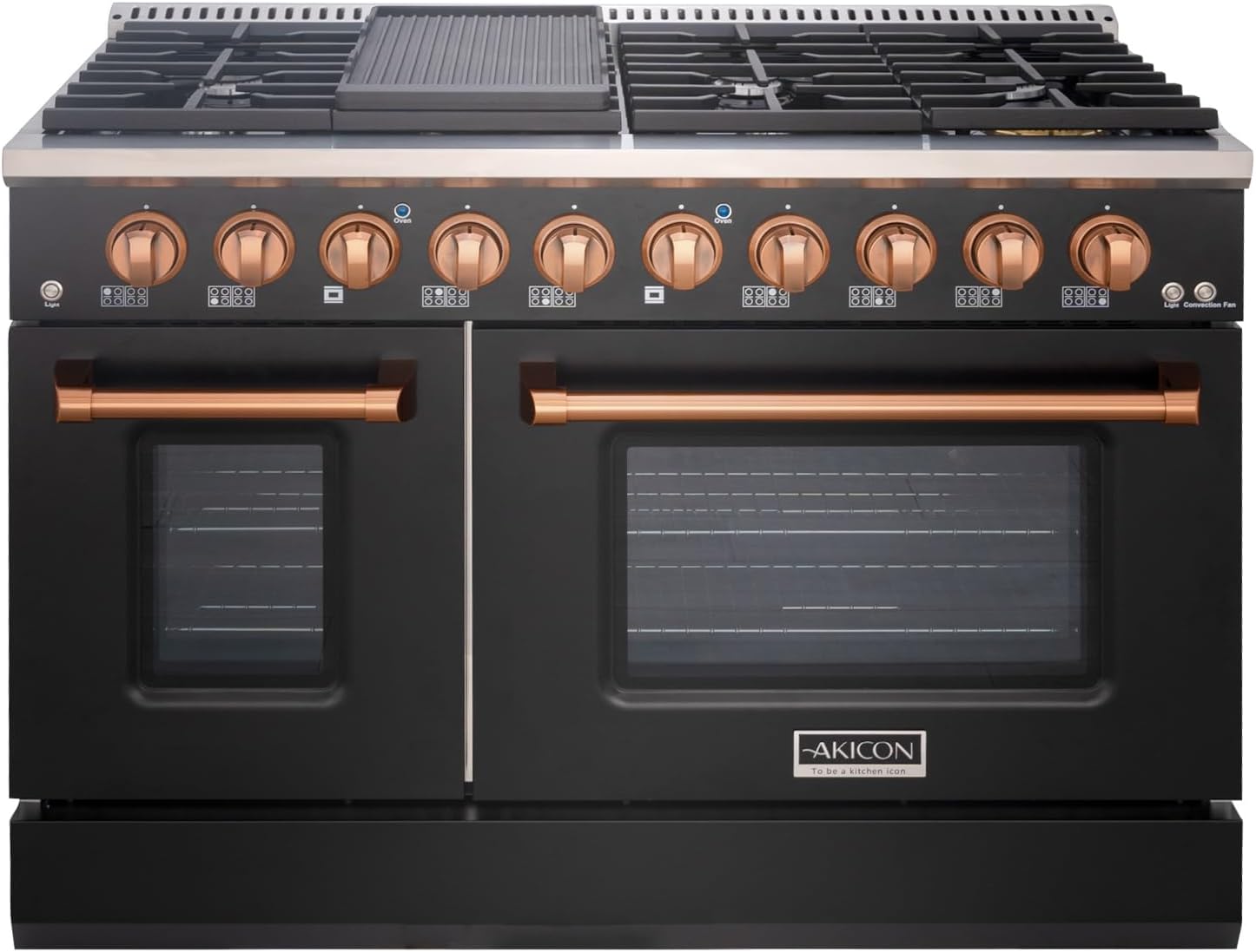 Akicon 48 Inch Freestanding Gas Range - 6.7 cu. ft. Double Rapid Convection Gas Oven Stove with 8 Sealed Burners & a Griddle, Heavy Duty Cast Iron Grates (Black & Copper)