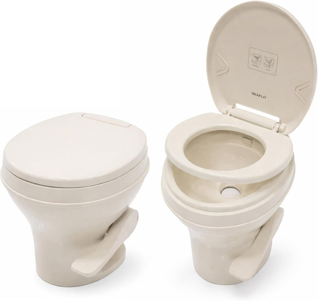 SEAFLO Residential Height Bone Camper/RV Toilet with Sprayer Attachment, 18.5' Standard Height, Gravity Flush System, Pedal Operation, Soft Close Seat, 4-Year Warranty (Bone W/Sprayer Attachment)