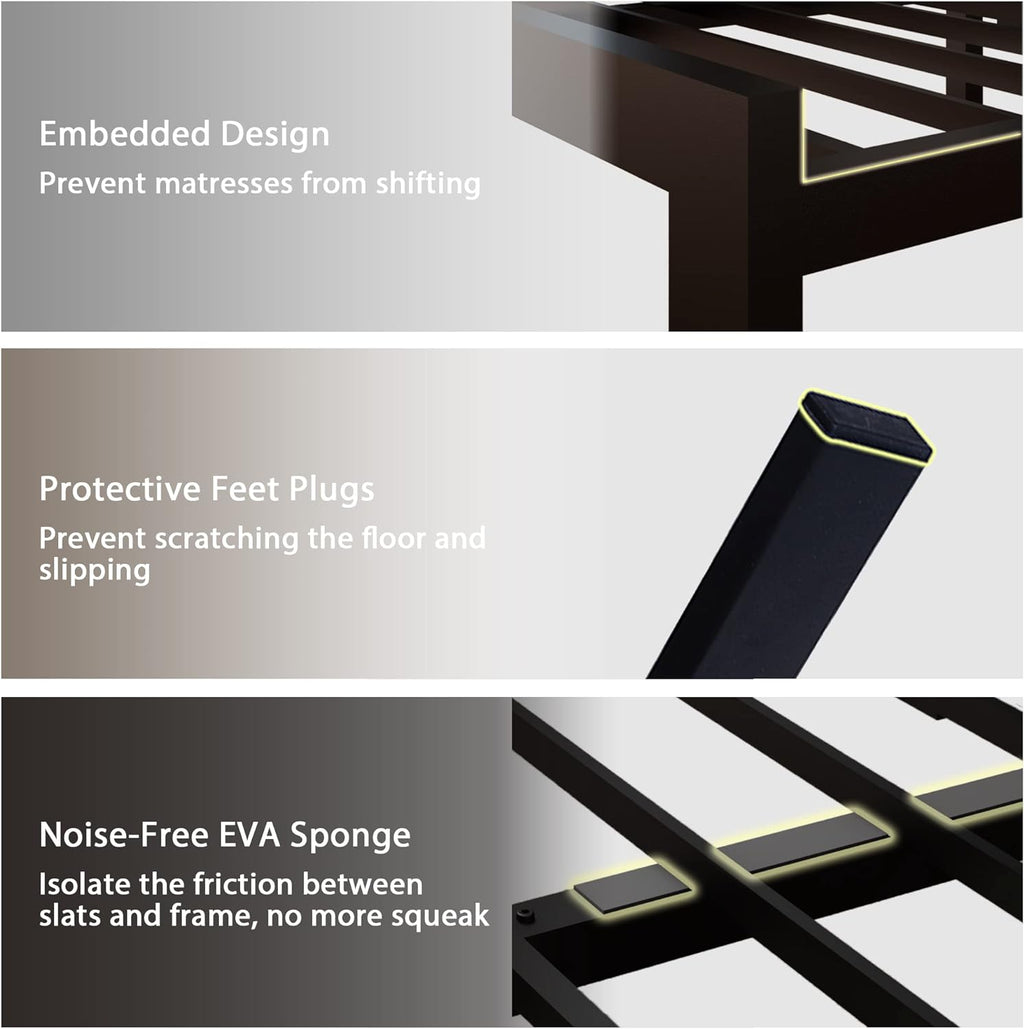 Feonase Full Size Metal Bed Frame with Faux Leather Button Tufted Headboard, Heavy-Duty Platform Bed Frame with 12' Storage, Steel Slats Support, No Box Spring Needed, Noise Free, Black
