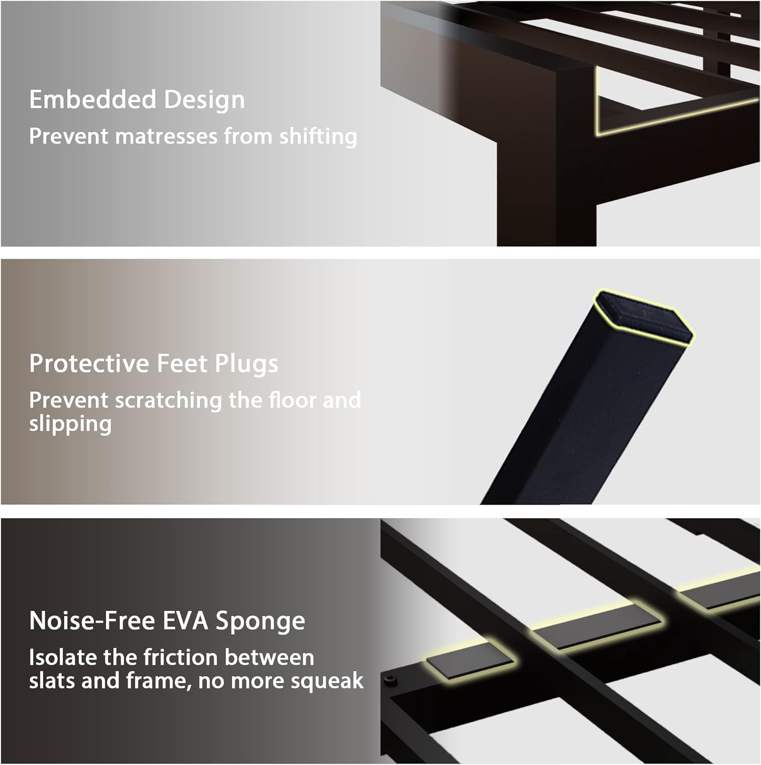 Feonase Queen Size Metal Bed Frame with Faux Leather Button Tufted Headboard, Heavy-Duty Platform Bed Frame with 12' Storage, Steel Slats Support, No Box Spring Needed, Noise Free, Black